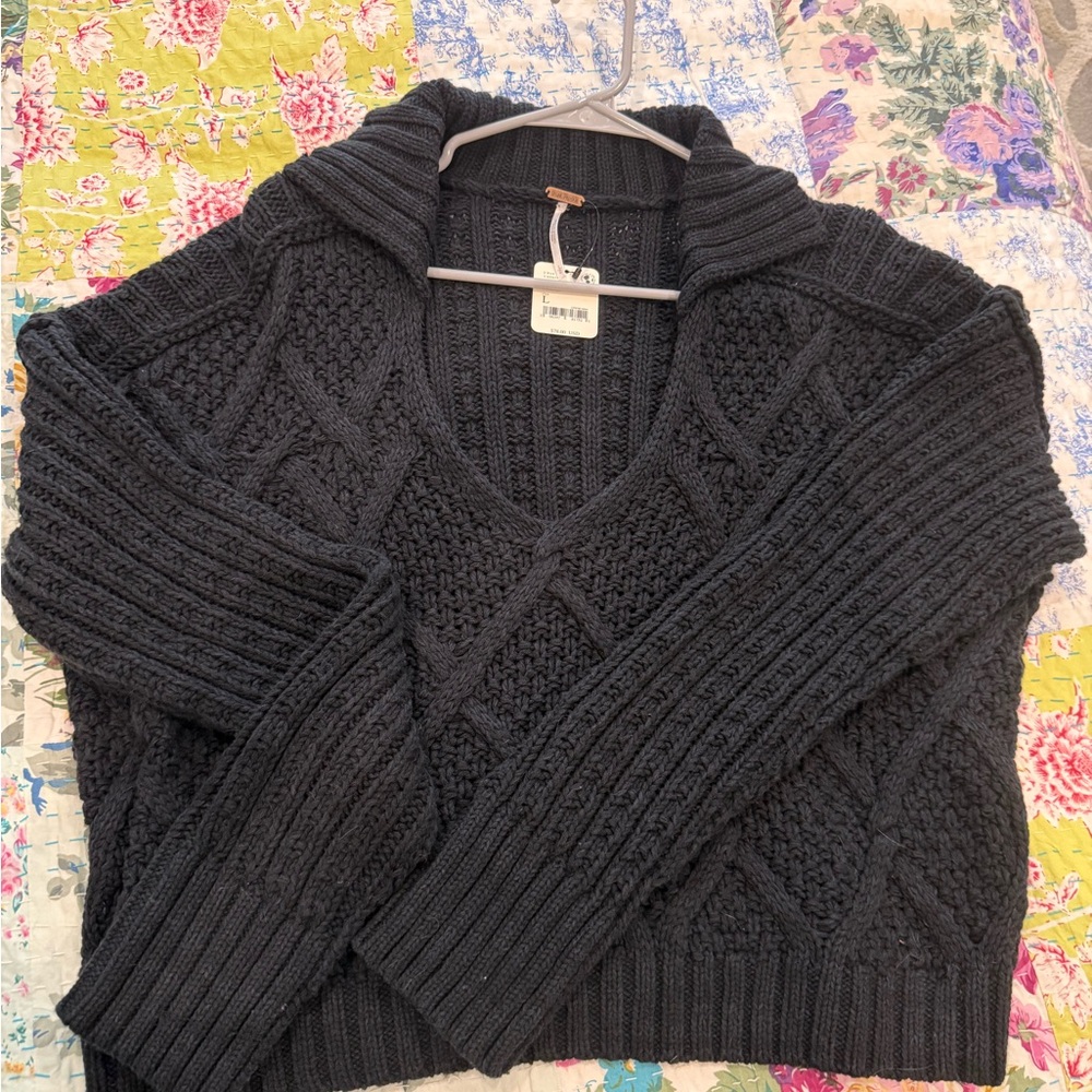 Free People Black Cable Knit V-Neck Sweater